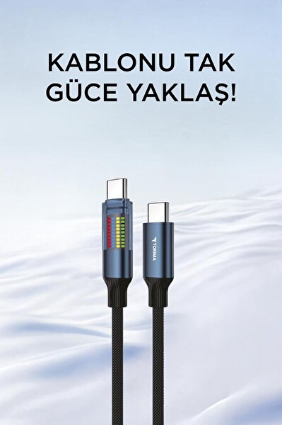 Torima U21 Siyah Type-C to Type-C 60W Hızlı Şarj Kablosu – LED Ekranlı, Dayanıklı Örgü Kablo