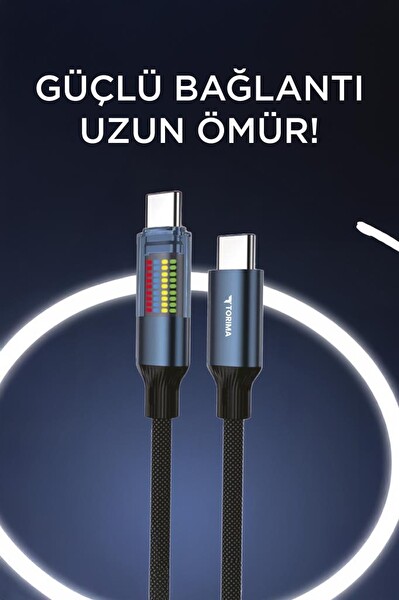Torima U21 Siyah Type-C to Type-C 60W Hızlı Şarj Kablosu – LED Ekranlı, Dayanıklı Örgü Kablo