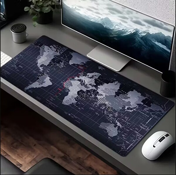Sge Teknoloji 70x30 CM Black Dünya Desenli Dikişli Kaydırmaz Taban Oyuncu Mouse Pad