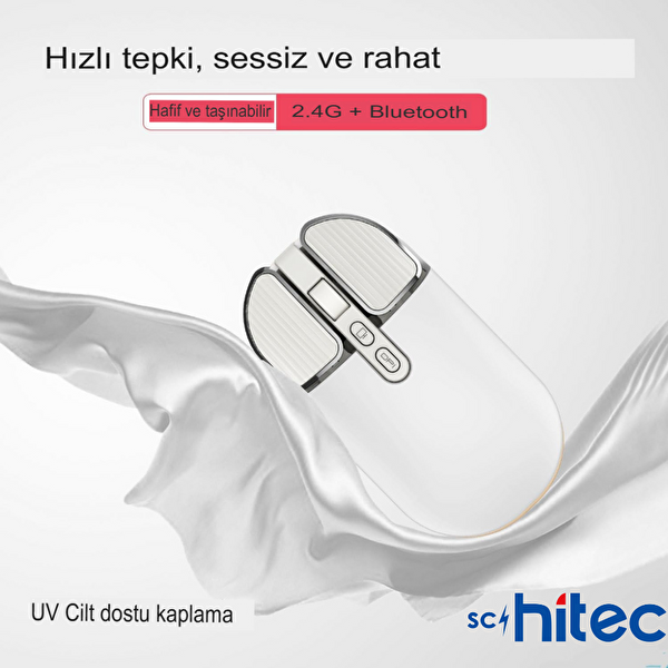ScHitec M203 Çift Modlu Taşınabilir Optik Kablosuz 2.4GHz ve Bluetooth Bağlantılı Süper Sessiz Mouse Beyaz