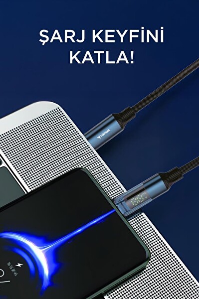 Torima U22 Siyah Type-C to Type-C 60W Hızlı Şarj Kablosu LED Ekranlı Dayanıklı Örgü Kablo