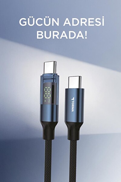 Torima U22 Siyah Type-C to Type-C 60W Hızlı Şarj Kablosu LED Ekranlı Dayanıklı Örgü Kablo
