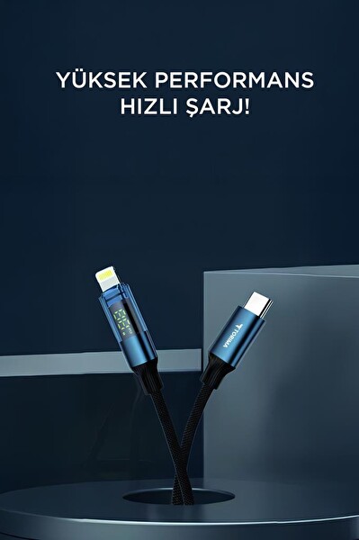 Torima U22 Siyah Type-C to Lightning 27W Hızlı Şarj Kablosu LED Ekranlı Dayanıklı Örgü Kablo