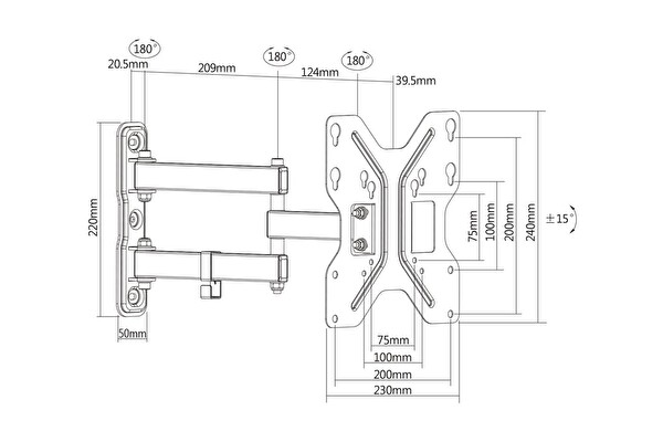 Digitus 15° Eğme 180° Döndürme 30 KG VESA 200x200 42