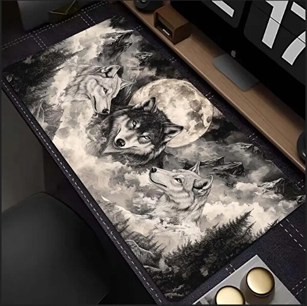 Sge Teknoloji Teknoloji 90x40 CM Ay ve Kurt Tasarım Kaydırmaz Taban Speed Yüzey Oyuncu Mouse Pad