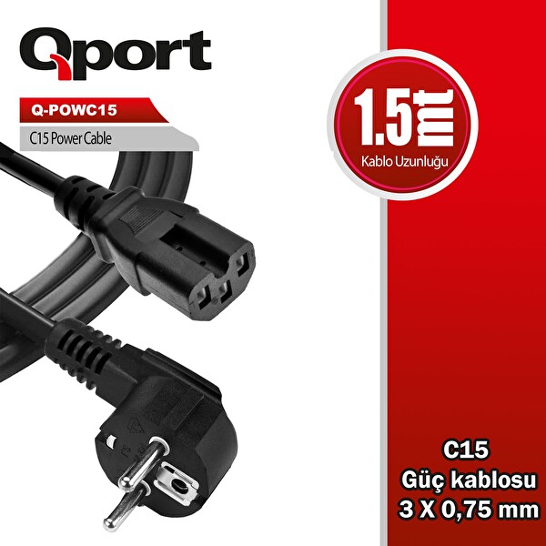 Qport Q-POWC15 1.5 M C15 - 3x0.75 MM Power Kablosu
