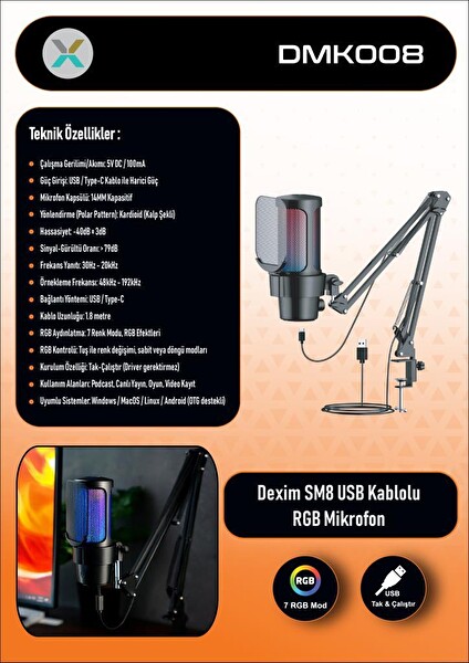 Dexim DMK008 RGB Gaming Masa Standlı PC/PS5 Uyumlu Siyah Profesyonel Oyuncu Ve Yayıncı Mikrofonu