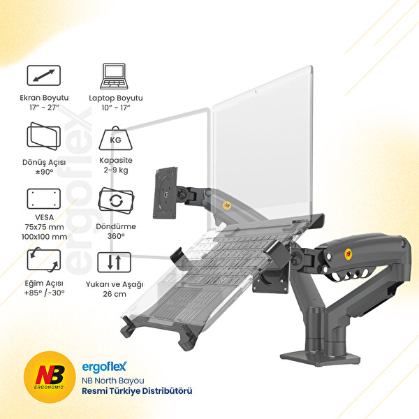 Ergoflex North Bayou F160l Ayarlanabilir Amortisörlü Laptop Standı Ve Ergonomik Monitör Standı - Tutucu 17