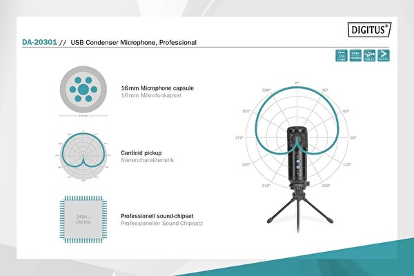 Digitus Mikrofon Standı Ve Diğer Aksesuarlar İle Plug - Play 1.5 M USB Kablo - USB Kayıt Mikrofonu
