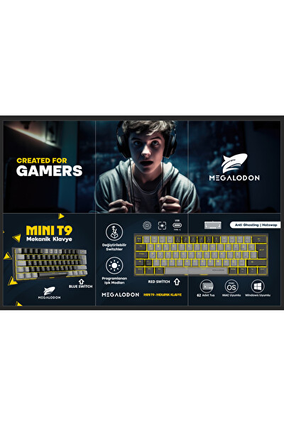Megalodon Mini T9 Mekanik Blue Switch Türkçe Mekanik Oyuncu Klavyesi
