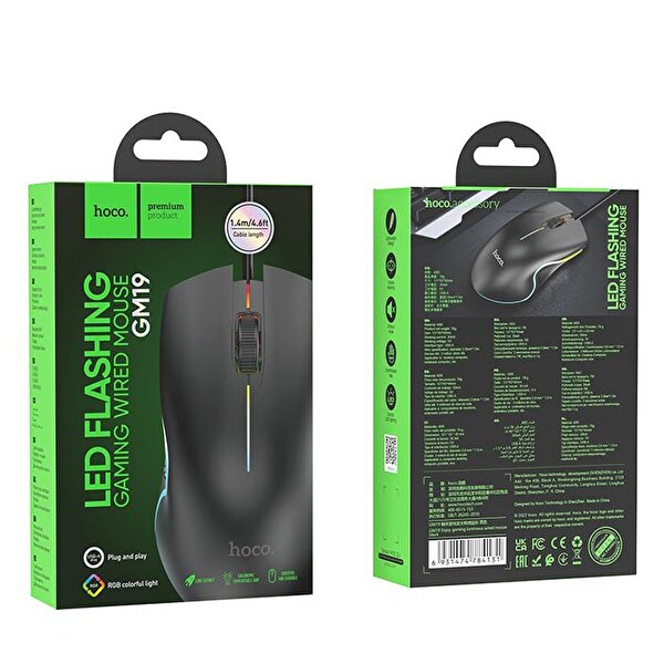 Hoco GM19 RGB LED Işıklı Gamer Oyuncu Kablolu Optik Mouse