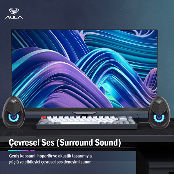 Aula N-69 2x3W RGB LED Işıklı Masaüstü Oyuncu Laptop PC Bilgisayar Hoparlörü