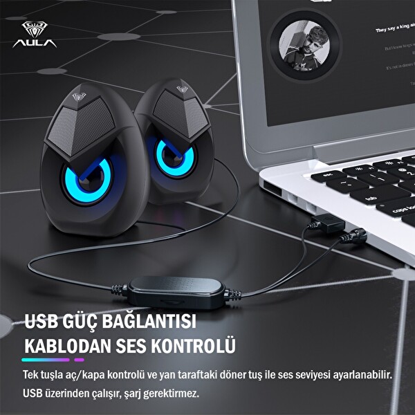 Aula N-69 2x3W RGB LED Işıklı Masaüstü Oyuncu Laptop PC Bilgisayar Hoparlörü