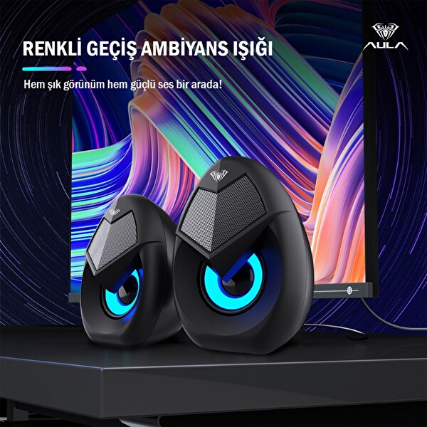 Aula N-69 2x3W RGB LED Işıklı Masaüstü Oyuncu Laptop PC Bilgisayar Hoparlörü