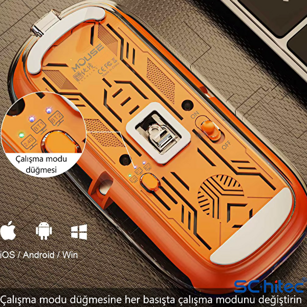 ScHitec M377 Ultra Sessiz 3 Bağlantı Modlu 2xBluetooth Kablosuz Bağlantı -fh 2.4Gh Gaming Type-C Şarjlı Mouse Turuncu
