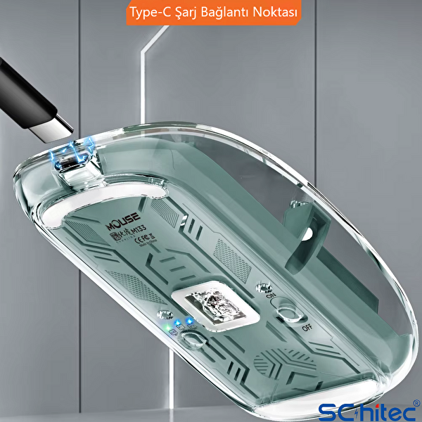 ScHitec M377 Ultra Sessiz 3 Bağlantı Modlu 2xBluetooth Kablosuz Bağlantı -fh 2.4Gh Gaming Type-C Şarjlı Mouse Turuncu