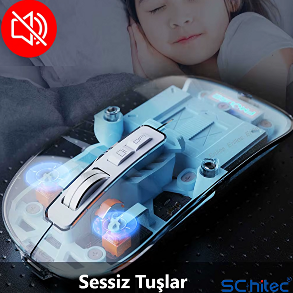 ScHitec M377 Ultra Sessiz 3 Bağlantı Modlu 2xBluetooth Kablosuz Bağlantı - 2.4Gh Gaming Type-C Şarjlı Mouse Beyaz