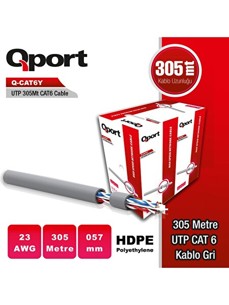 Qport Q-CAT6Y UPT 23 AWG 305 M CAT6 Network Kablosu - Gri