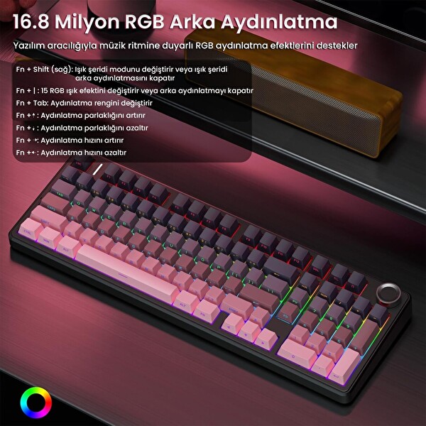 Aula F99 Pro 3 Modlu RGB Hot Swap Kablosuz Makrolu Reaper Switch Mekanik Klavye - Gradyan Pembe
