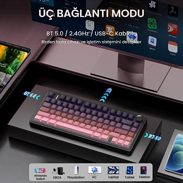 Aula F75 Mekanik RGB TKL Reaper Switch Kablosuz Makrolu Hot Swap Mekanik Klavye Gradyan Pembe