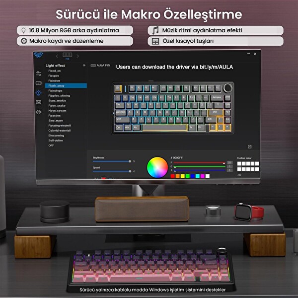 Aula F75 Mekanik RGB TKL Reaper Switch Kablosuz Makrolu Hot Swap Mekanik Klavye Gradyan Pembe