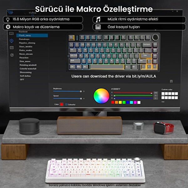 Aula F75 Mekanik RGB TKL Seiya Switch Kablosuz Makrolu Hot Swap Gaming Klavye - Desenli Beyaz