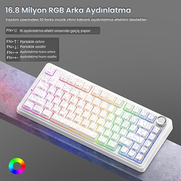 Aula F75 Mekanik RGB TKL Seiya Switch Kablosuz Makrolu Hot Swap Gaming Klavye - Desenli Beyaz