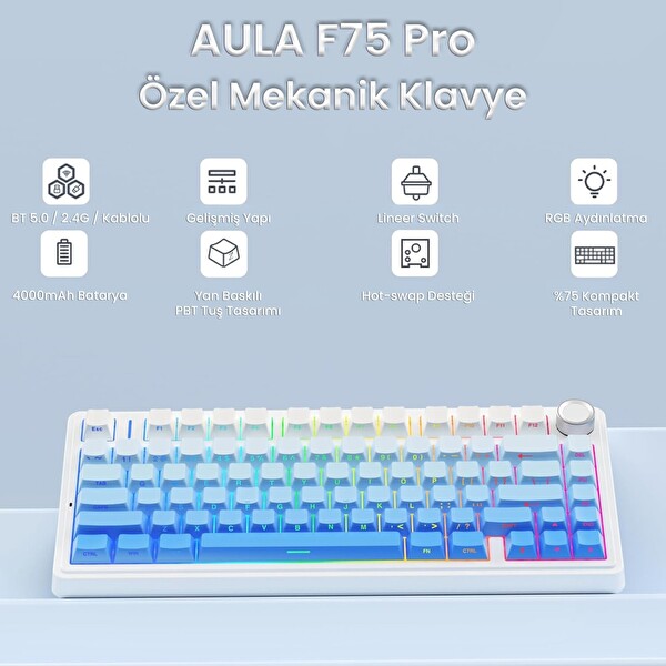 Aula F75 Mekanik RGB TKL Seiya Switch Kablosuz Makrolu Hot Swap Gaming Klavye - Gradyan Mavi
