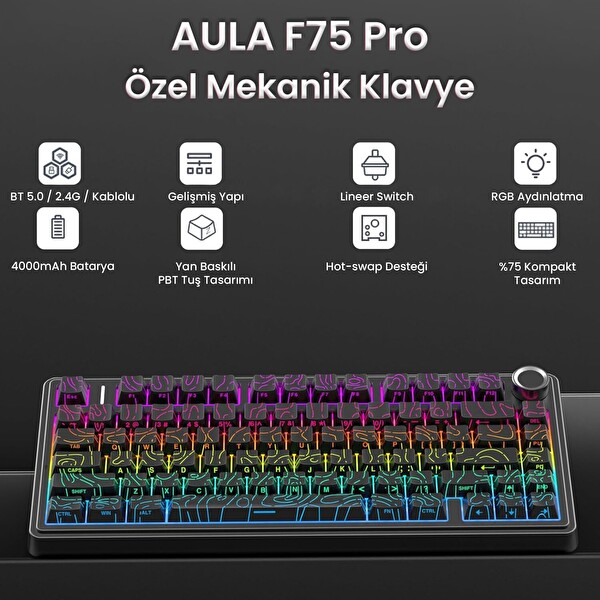 Aula F75 Mekanik RGB TKL Seiya Switch Kablosuz Makrolu Hot Swap Mekanik Klavye Desenli Siyah