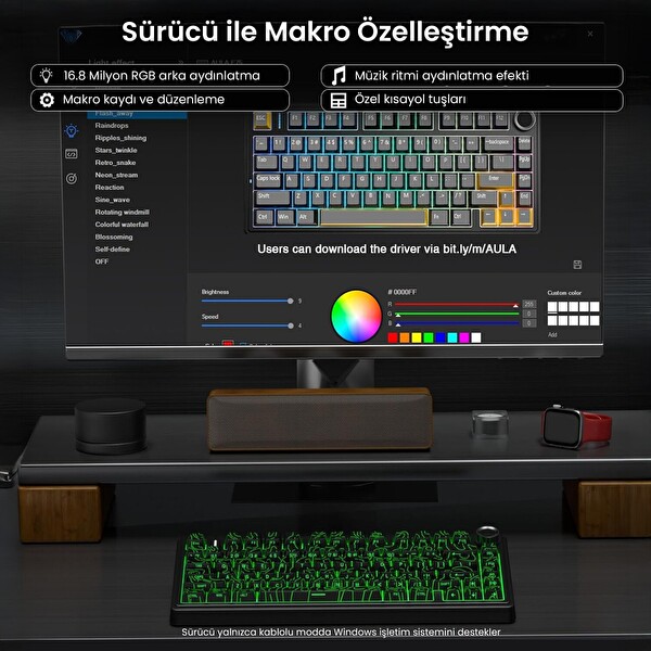 Aula F75 Mekanik RGB TKL Seiya Switch Kablosuz Makrolu Hot Swap Mekanik Klavye Desenli Siyah
