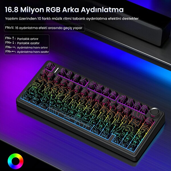 Aula F75 Mekanik RGB TKL Seiya Switch Kablosuz Makrolu Hot Swap Mekanik Klavye Desenli Siyah