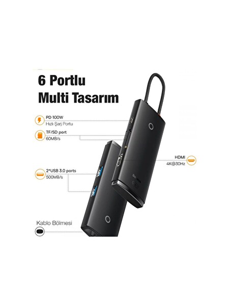 Baseus Lite 6 in 1 Multifonksiyonal Type-C 100W Hub Dock Station - Siyah