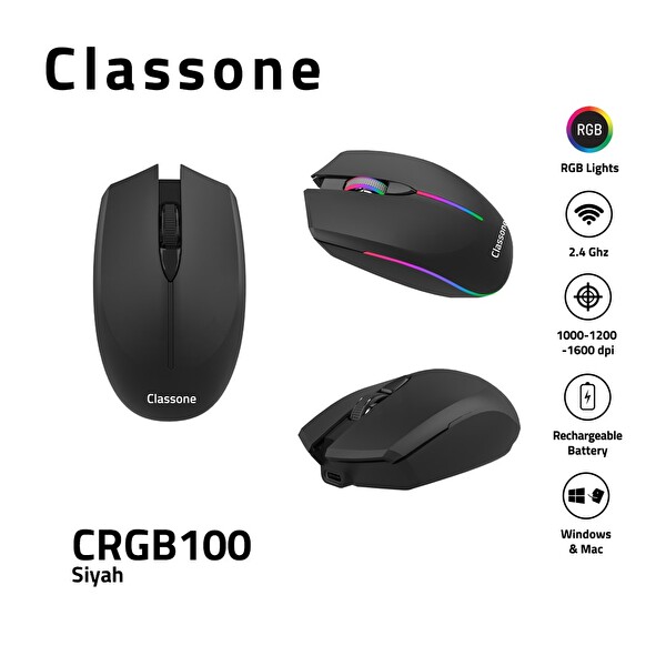 Classone Crgb100 2.4 Ghz Rgb Işıklı Efektli Pilsiz Notebook/Ipad/Tablet Kablosuz Mouse