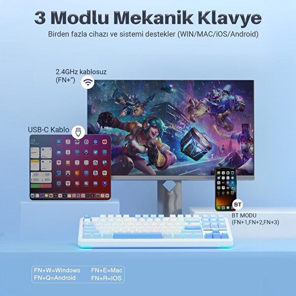 Aula F87 PRO Mekanik RGB TKL GrayWood V3 Switch Kablosuz Makrolu Hot Swap Klavye Buz Mavi