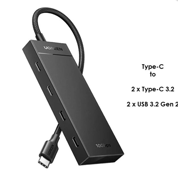 Ugreen 35583 CM806 USB-C to 2xUSB-A 2xUSB-C 3.2 Gen 2 10GB/s Yüksek Hız Dört Bağlantı Noktalı Hub Siyah 0.3 MT