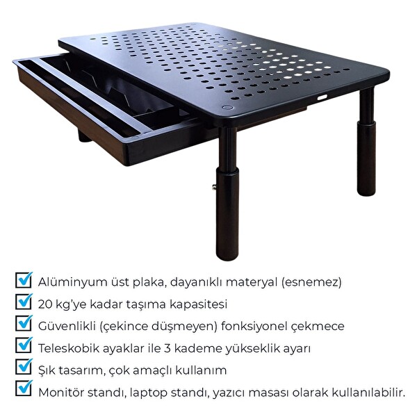 Upway Çekmeceli Metal Laptop - Monitör Standı - Yükseklik Ayarlı 20 KG Kapasiteli