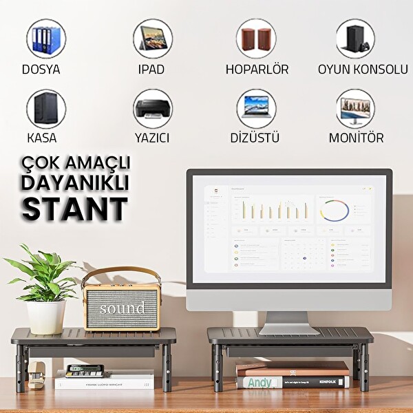 Upway Çekmeceli Metal Laptop - Monitör Standı - Yükseklik Ayarlı 20 KG Kapasiteli
