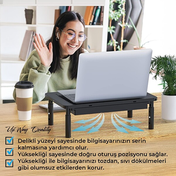 Upway Çekmeceli Metal Laptop - Monitör Standı - Yükseklik Ayarlı 20 KG Kapasiteli