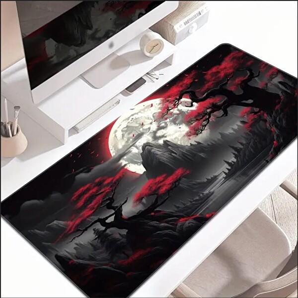 Sge Teknoloji 90X40 CM Karanlık Kırmızı Ay Temalı Kaydırmaz Taban Speed Yüzey Oyuncu Mouse Pad