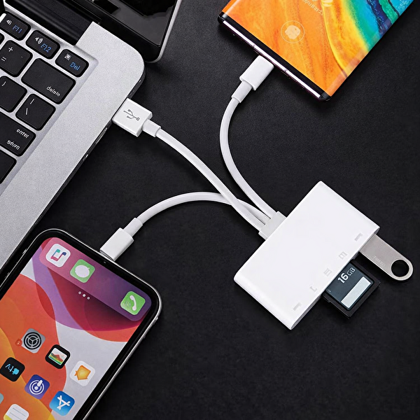 ScHitec NK1032 3 in 1 Type-C - Lightning Kart Okuyucu USB-A To Dönüştürücü Çoklayıcı Adaptör Beyaz