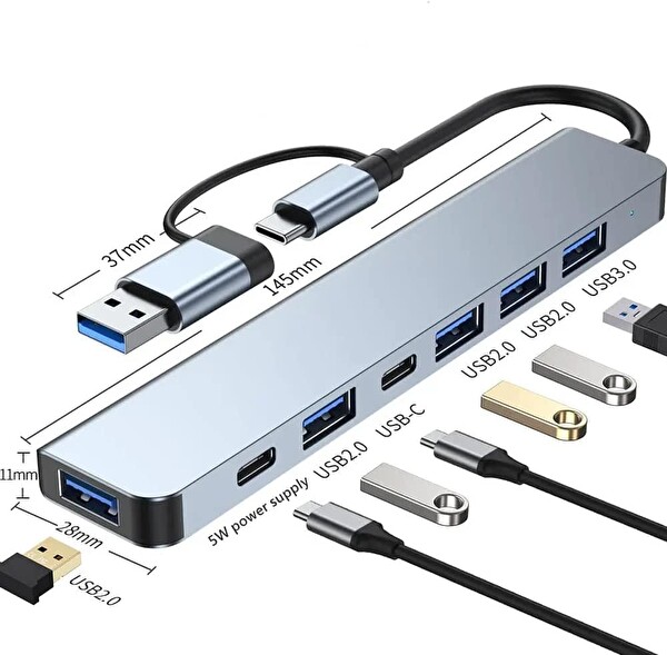 Blue Wings 7in1 USB ve Type-C Girişli USB Çoğaltıcı 7in1 USB 3.0 Çoğaltıcı USB C Çevirici Adaptör Çok Portlu