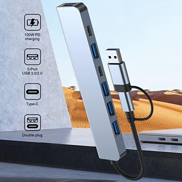 Blue Wings 7in1 USB ve Type-C Girişli USB Çoğaltıcı 7in1 USB 3.0 Çoğaltıcı USB C Çevirici Adaptör Çok Portlu