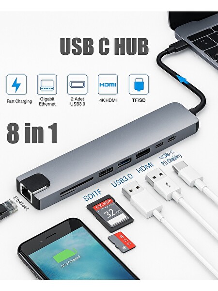 Blue Wings USB Type-C Hub Dönüştürücü Çevirici Çoklayıcı - USB HDMI Micro SD 8 Girişli RJ8I1NEW 8In1