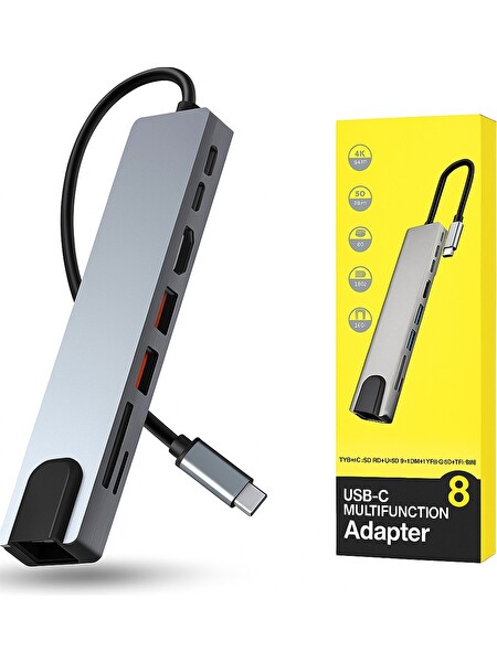 Blue Wings USB Type-C Hub Dönüştürücü Çevirici Çoklayıcı - USB HDMI Micro SD 8 Girişli RJ8I1NEW 8In1