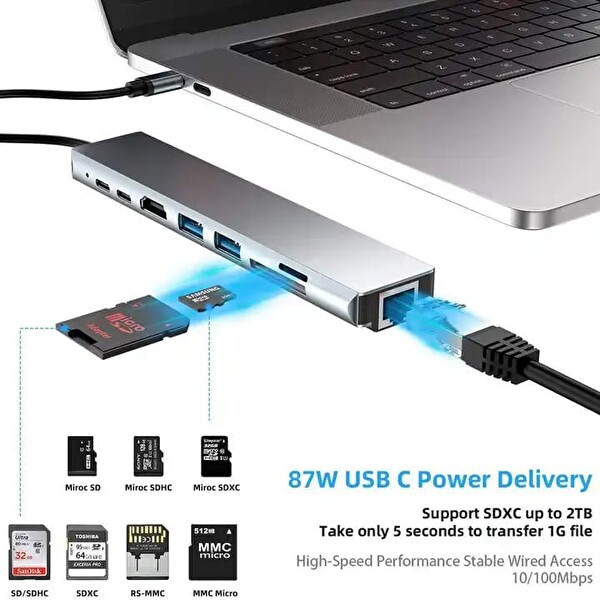 Blue Wings USB Type-C Hub Dönüştürücü Çevirici Çoklayıcı - USB HDMI Micro SD 8 Girişli RJ8I1NEW 8In1
