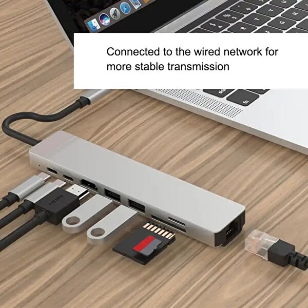 Blue Wings USB Type-C Hub Dönüştürücü Çevirici Çoklayıcı - USB HDMI Micro SD 8 Girişli RJ8I1NEW 8In1