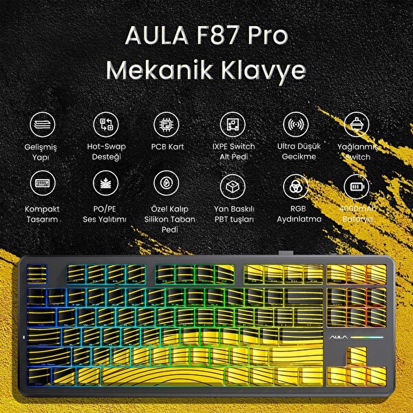 Aula F87 PRO Mekanik RGB TKL Matcha Latte Switch Kablosuz Makrolu Hot Swap Klavye Sarı