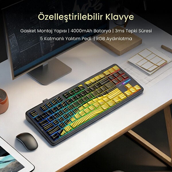 Aula F87 PRO Mekanik RGB TKL Matcha Latte Switch Kablosuz Makrolu Hot Swap Klavye Sarı