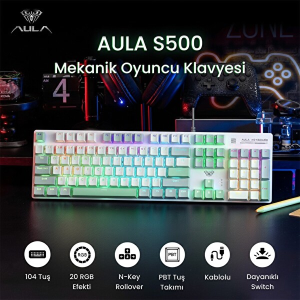 Aula S500 Brown Switch RGB Makrolu Kablolu Gaming Mekanik Oyuncu Klavyesi