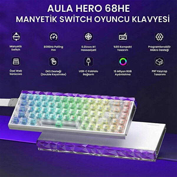 Aula Hero 68 He Manyetik Klavye Rapid Trigger Silver Switch 8000Hz RGB Neon TKL Hot Swap Oyuncu Klavyesi Şeffaf